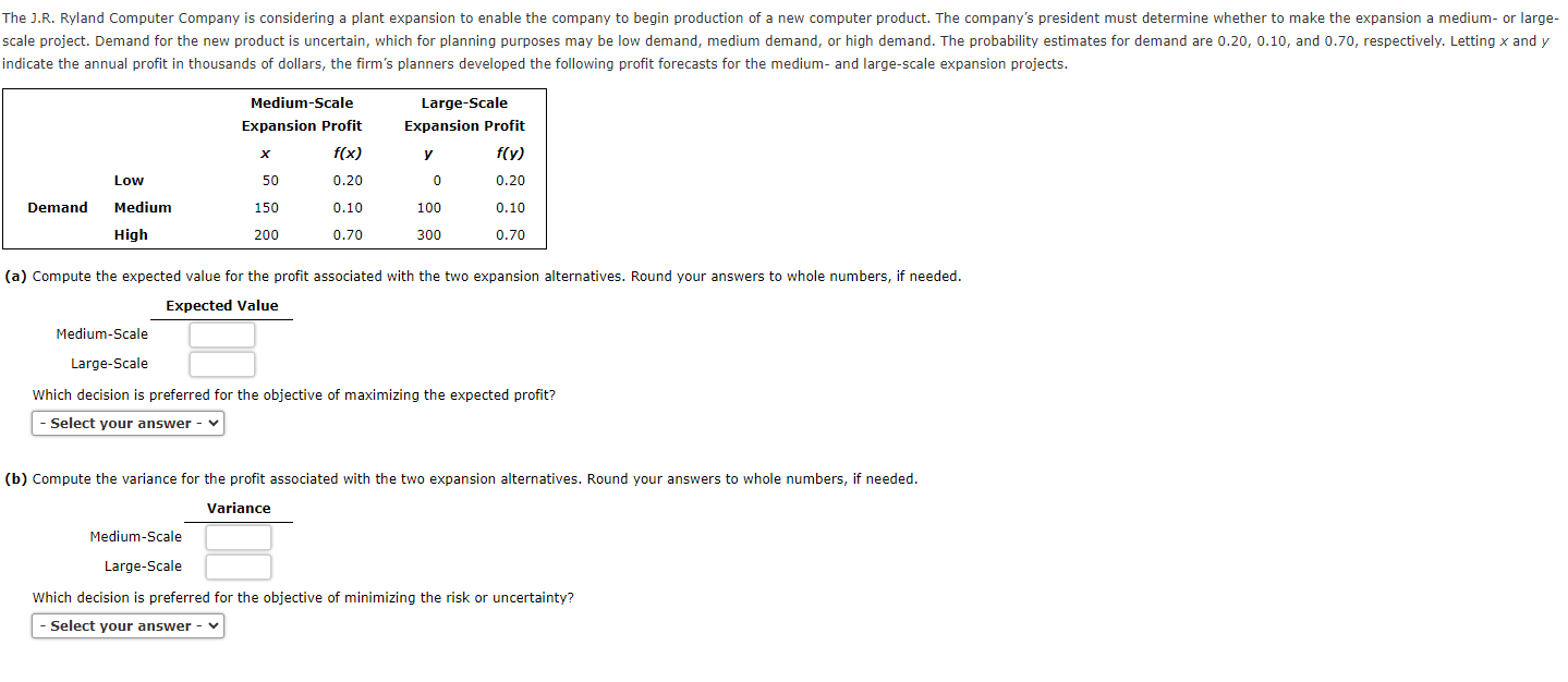 The J.R. Ryland Computer Company is considering a plant expansion to enable