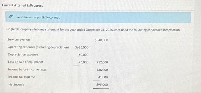 Current Attempt in Progress Your answer is partially correct. Kingbird Company's income