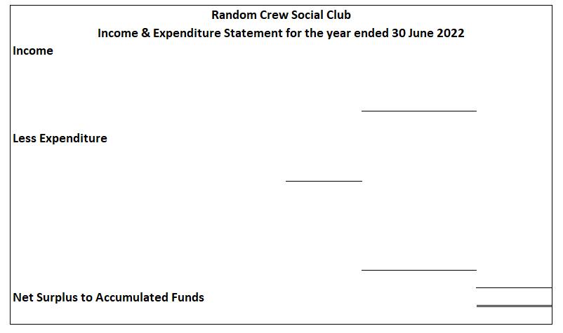 \begin{tabular}{|l|l|} \hline \multicolumn{1}{|c|}{ Random Crew Social Club } \\ Income \& Expenditure Statement for the year