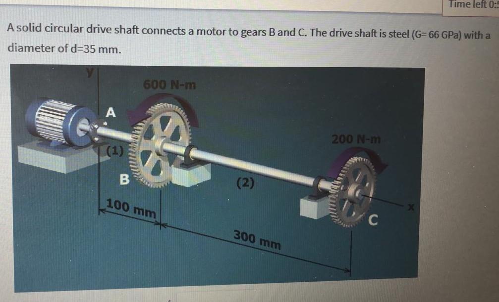 A solid circular drive shaft connects a motor to gears B and C. The drive shaft is steel (G=66 GPa) with a