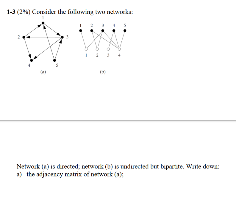1-3 (2%) Consider the following two networks: 1 2 (a) 5 1 2 3 4 5 1 2 3 4 (b) Network (a) is directed;
