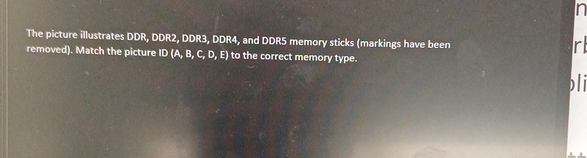 The picture illustrates DDR, DDR2, DDR3, DDR4, and DDR5 memory sticks (markings have been removed). Match the