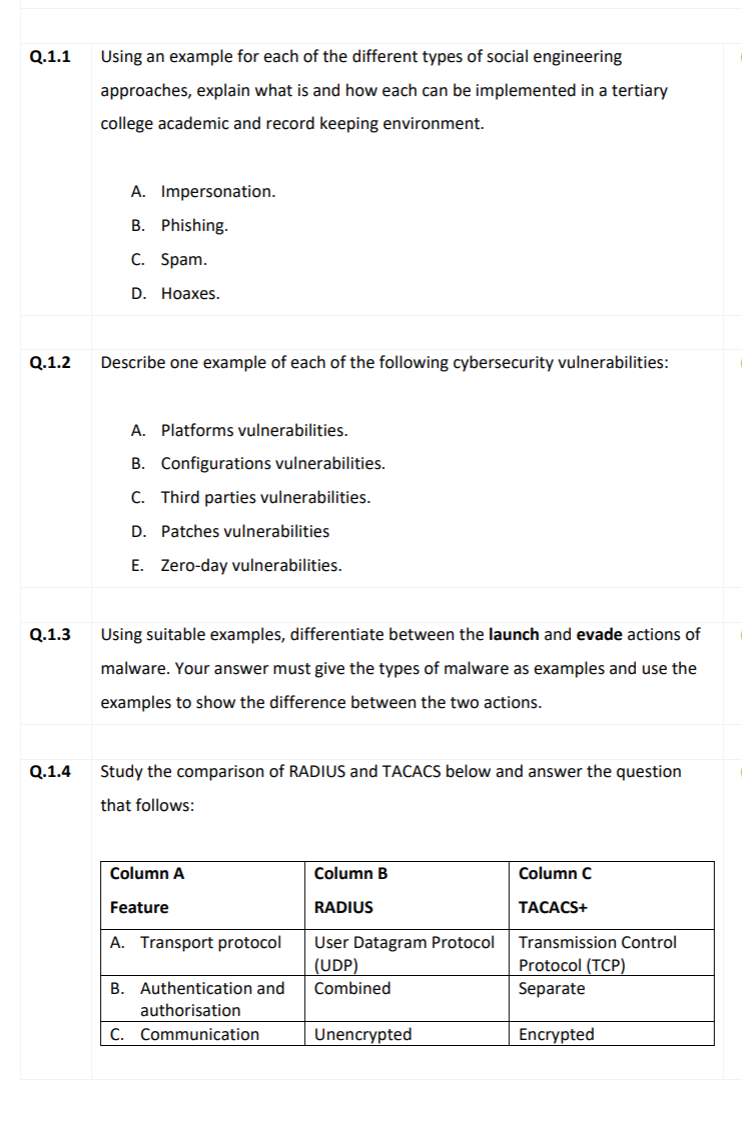 Q.1.1 Q.1.2 Q.1.3 Q.1.4 Using an example for each of the different types of social engineering approaches,