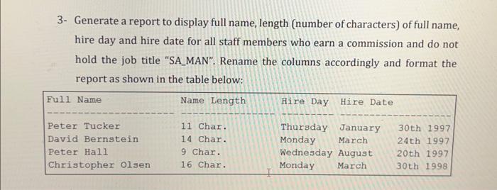 3- Generate a report to display full name, length (number of characters) of full name, hire day and hire date