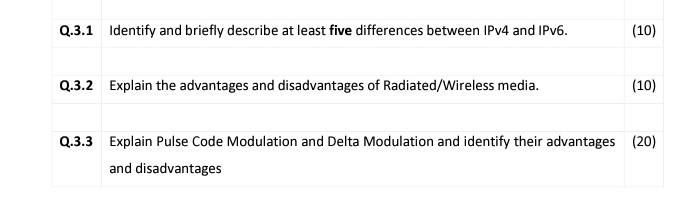 Q.3.1 Identify and briefly describe at least five differences between IPv4 and IPv6. Q.3.2 Explain the