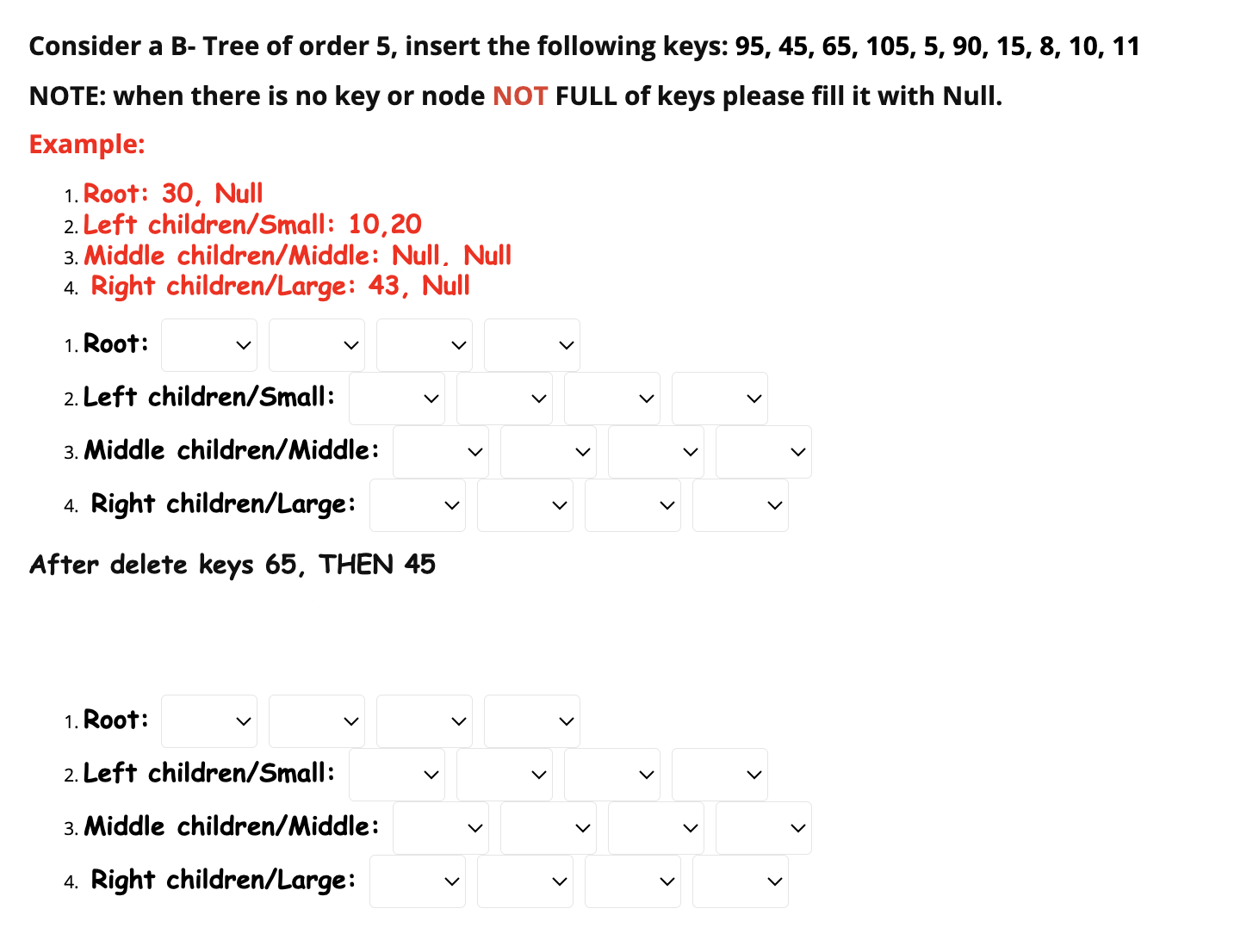 Consider a B- Tree of order 5, insert the following keys: 95, 45, 65, 105, 5, 90, 15, 8, 10, 11 NOTE: when