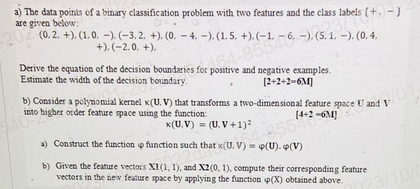 a) The data points of a binary classification problem with two features and the class labels are given below: