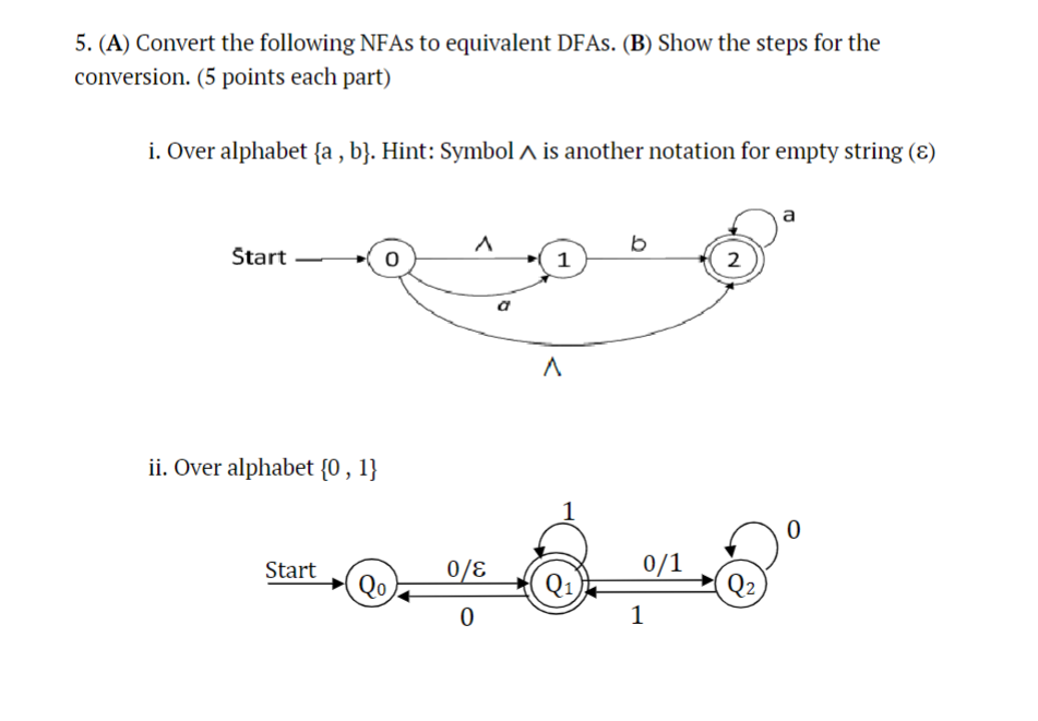 5. (A) Convert the following NFAs to equivalent DFAs. (B) Show the steps for the conversion. (5 points each
