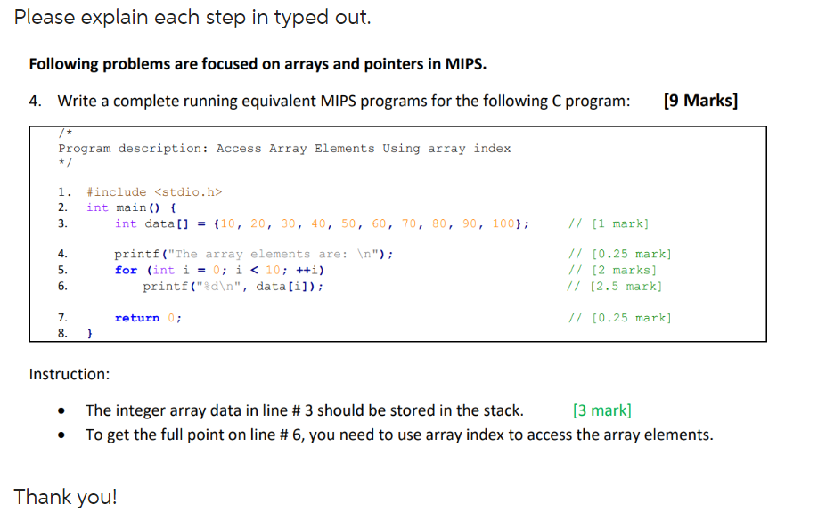 Please explain each step in typed out. Following problems are focused on arrays and pointers in MIPS. 4.