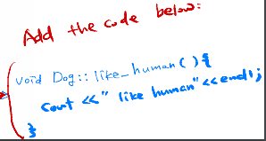 Add the code below: Void Dog:: like- human () { Cart < < 
