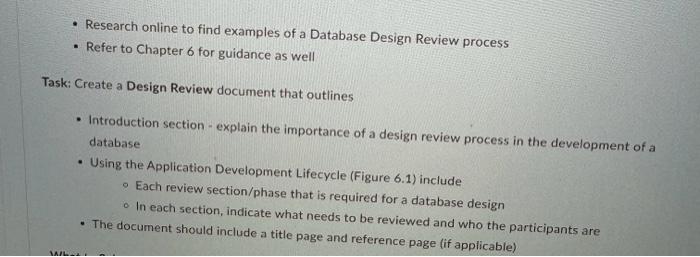 Research online to find examples of a Database Design Review process . Refer to Chapter 6 for guidance as