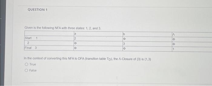 QUESTION 1 Given is the following NFA with three states: 1, 2, and 3. ja 2 Start 1 2 Final 3 O D Deme In the
