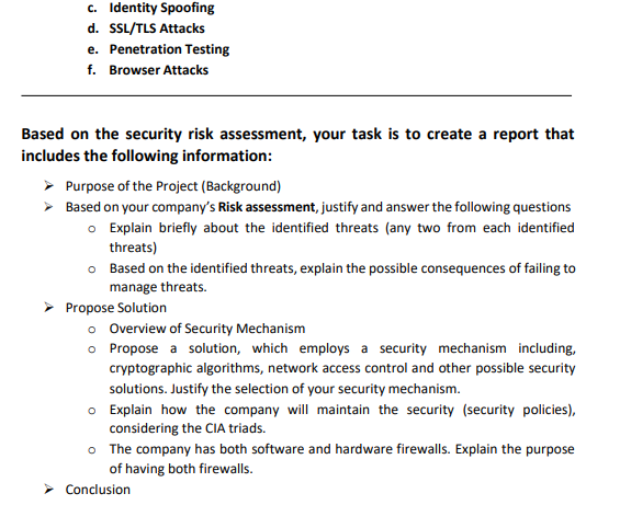 c. Identity Spoofing d. SSL/TLS Attacks e. Penetration Testing f. Browser Attacks Based on the security risk