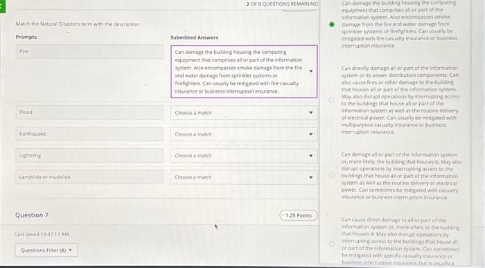 Match the Natural Disasters term with the description Prompts Fire Flood Earthquake Lightning Landside or