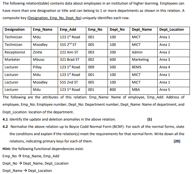 The following relation(table) contains data about employees in an institution of higher learning. Employees