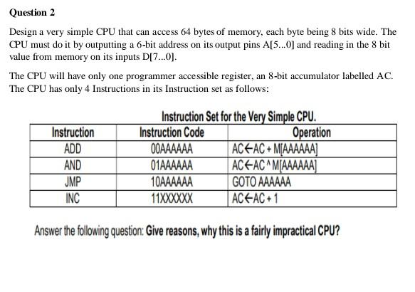 Question 2 Design a very simple CPU that can access 64 bytes of memory, each byte being 8 bits wide. The CPU
