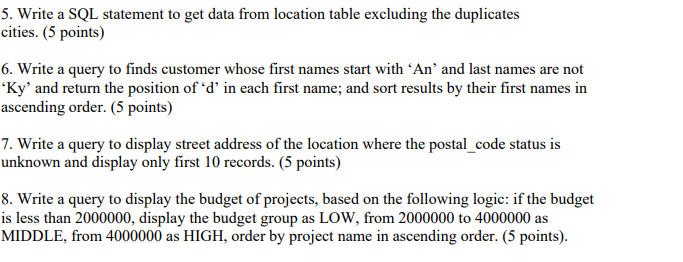 5. Write a SQL statement to get data from location table excluding the duplicates cities. (5 points) 6. Write