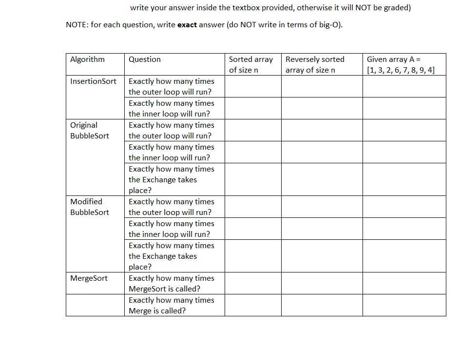 write your answer inside the textbox provided, otherwise it will NOT be graded) NOTE: for each question,