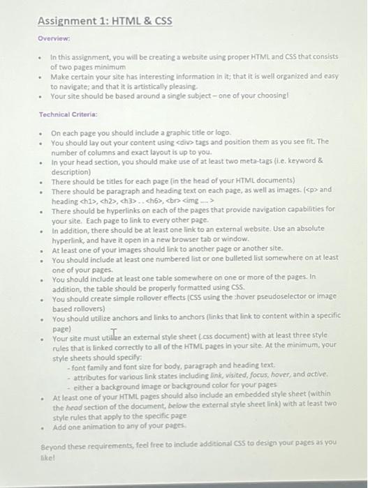 Assignment 1:HTML & CSS Overview:  In this assignment, you will be creating a website using proper HTML and