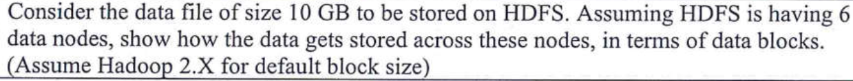 Consider the data file of size 10 GB to be stored on HDFS. Assuming HDFS is having 6 data nodes, show how the