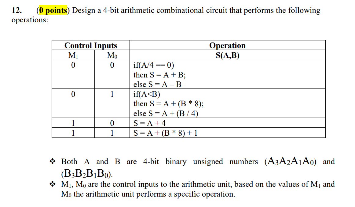 12. (0 points) Design a 4-bit arithmetic combinational circuit that performs the following operations:
