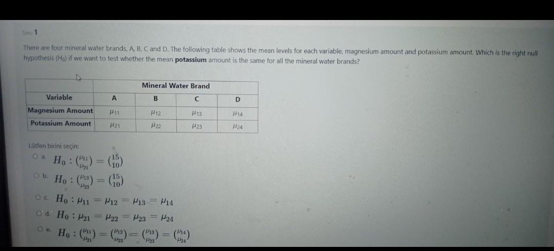 Son 1 There are four mineral water brands, A, B, C and D. The following table shows the mean levels for each