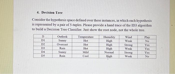 4. Decision Tree Consider the hypothesis space defined over these instances, in which each hypothesis is