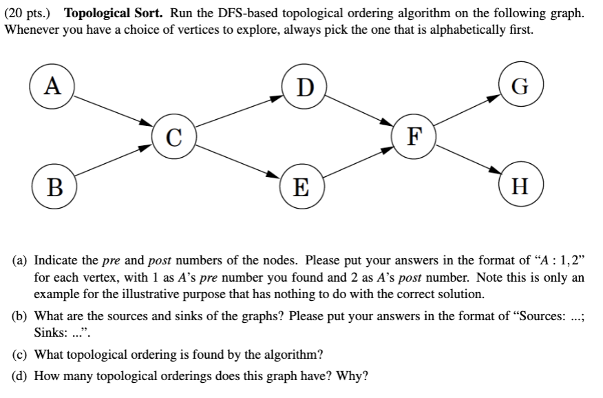 (20 pts.) Topological Sort. Run the DFS-based topological ordering algorithm on the following graph. Whenever