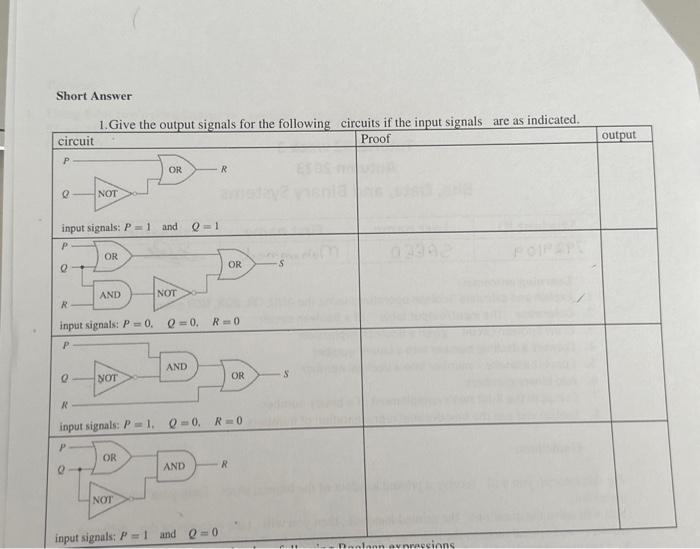 Short Answer circuit P Q R 1.Give the output signals for the following circuits if the input signals are as