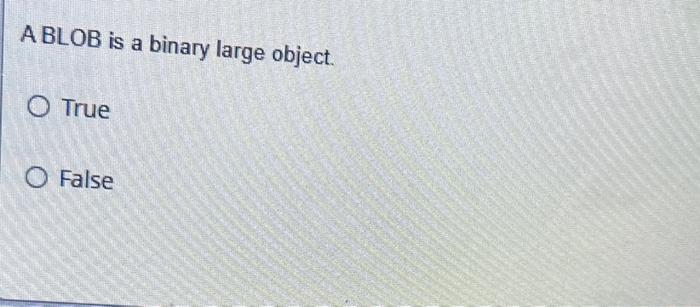 A BLOB is a binary large object. O True O False