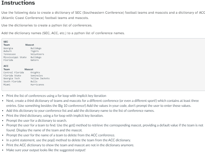 Instructions Use the following data to create a dictionary of SEC (Southeastern Conference) football teams