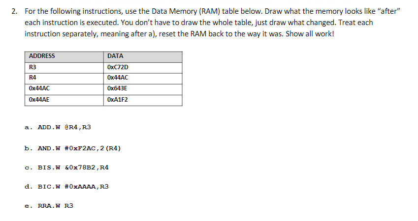 2. For the following instructions, use the Data Memory (RAM) table below. Draw what the memory looks like