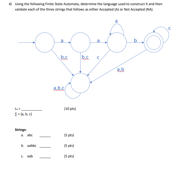 4) Using the following Finite State Automata, determine the language used to construct it and then validate