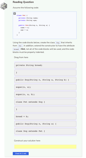 Reading Question Assume the following code: class Pet ( private String name private String a Using the code