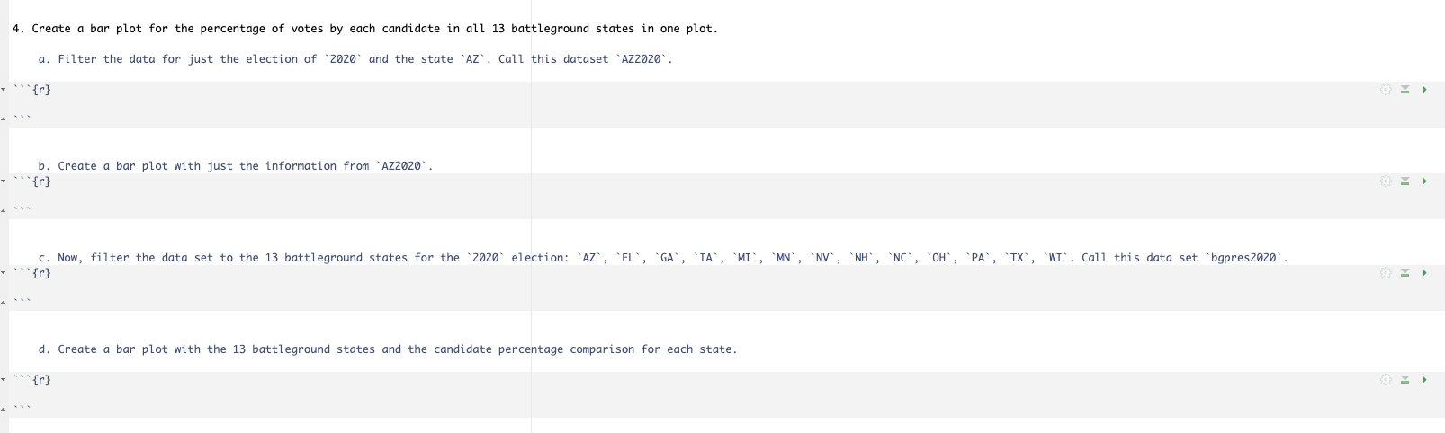 4. Create a bar plot for the percentage of votes by each candidate in all 13 battleground states in one plot.