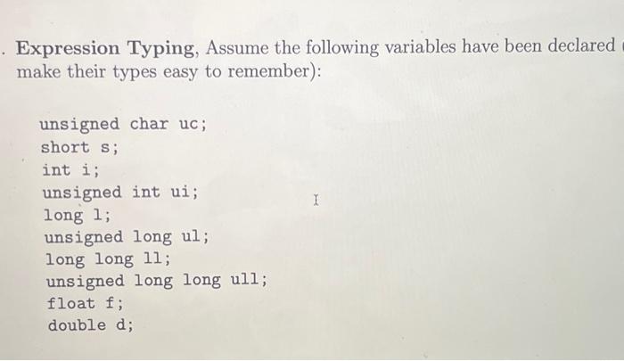 . Expression Typing, Assume the following variables have been declared make their types easy to remember):