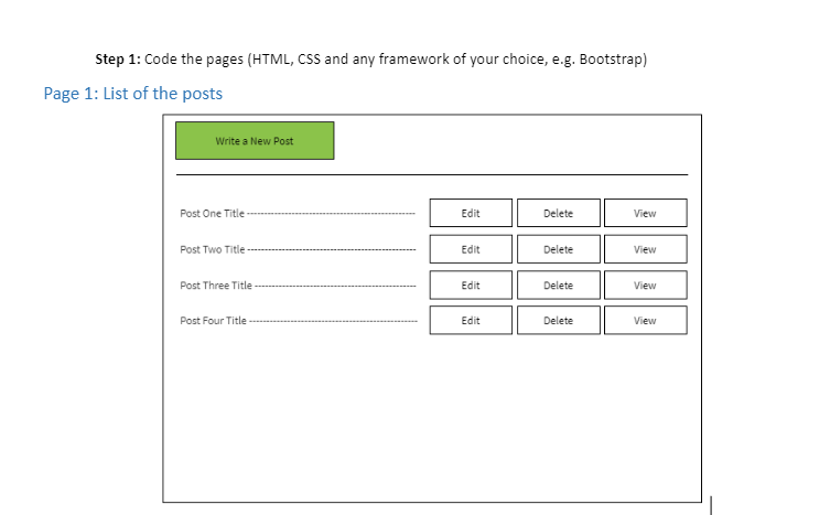 Step 1: Code the pages (HTML, CSS and any framework of your choice, e.g. Bootstrap) Page 1: List of the posts