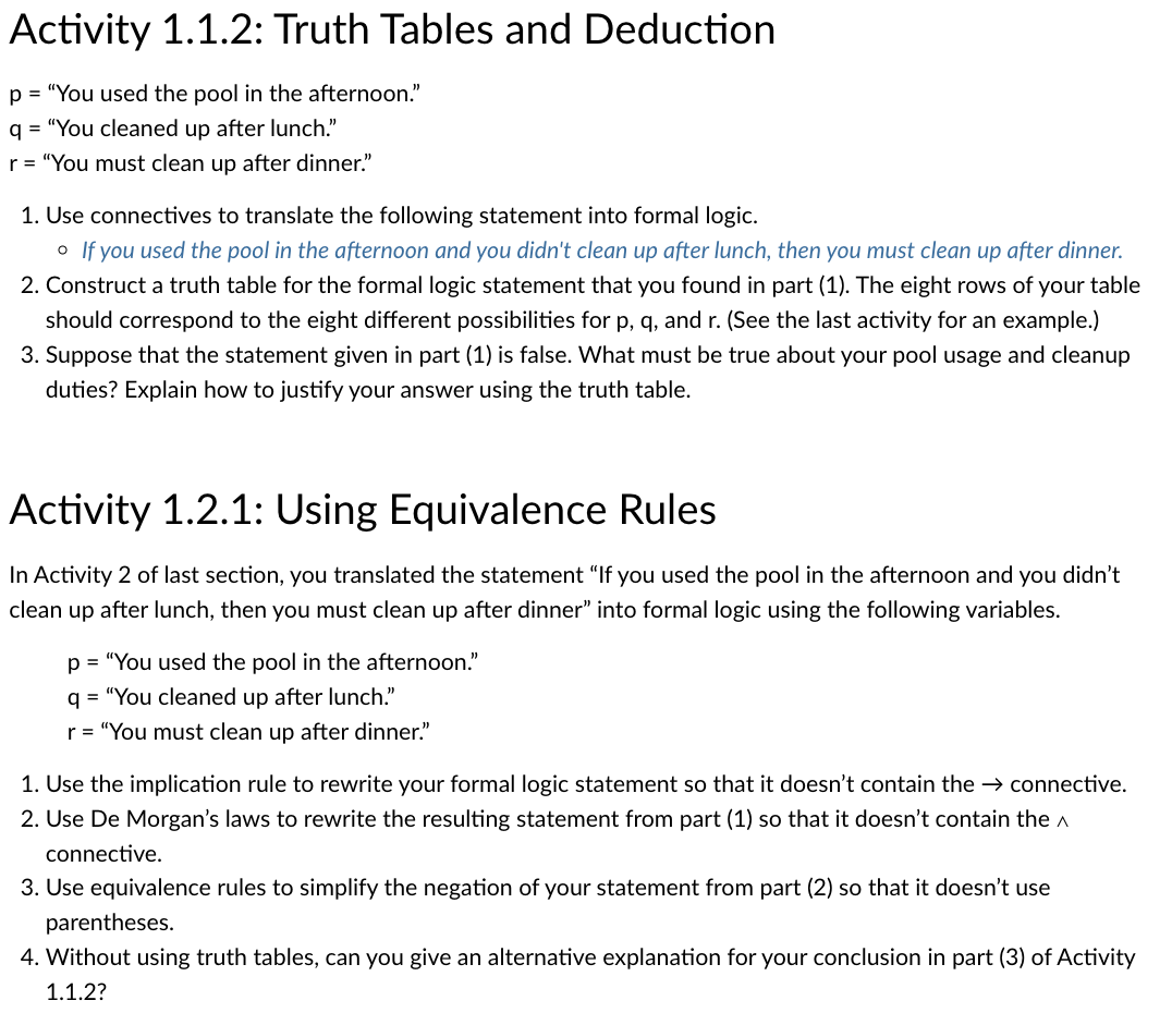 Activity 1.1.2: Truth Tables and Deduction p = 