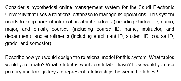 Consider a hypothetical online management system for the Saudi Electronic University that uses a relational