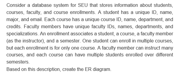 Consider a database system for SEU that stores information about students, courses, faculty, and course