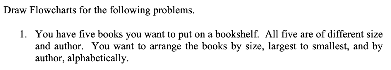 Draw Flowcharts for the following problems. 1. You have five books you want to put on a bookshelf. All five