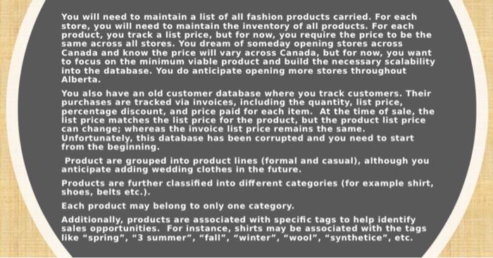 You will need to maintain a list of all fashion products carried. For each store, you will need to maintain