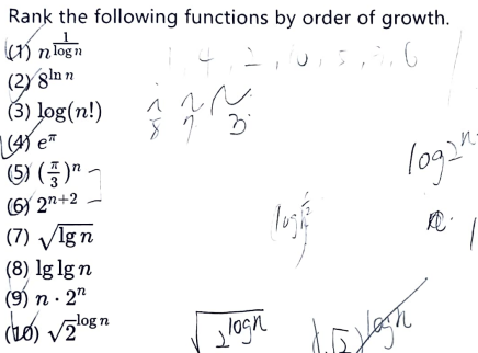 Rank the following functions by order of growth. nnlogn (2) 8ln n 2,10,5 10,5,5,6 (3) log(n!) LAY e (5) (3)7