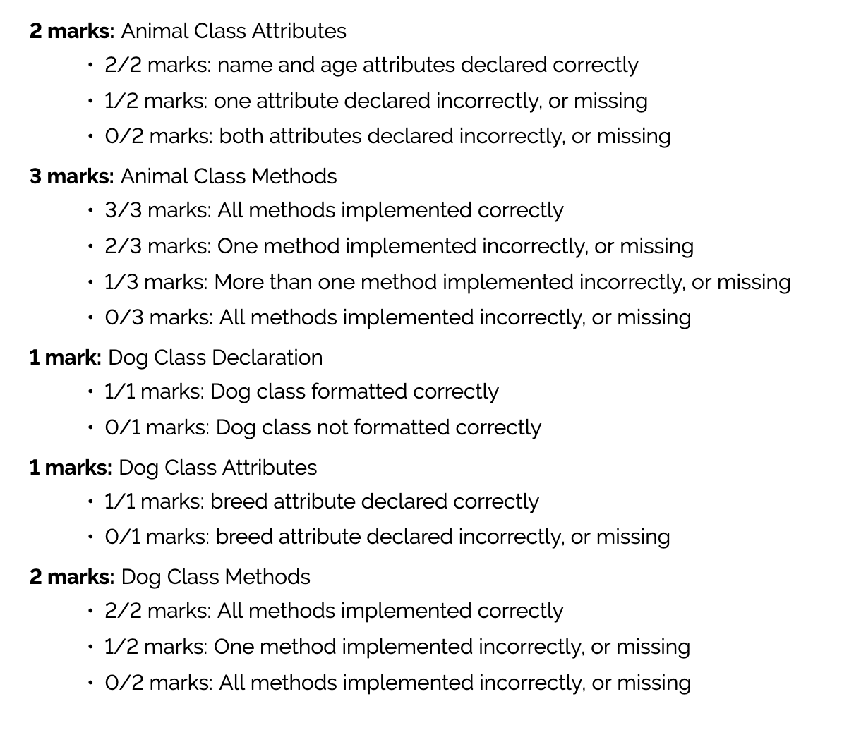 2 marks: Animal Class Attributes 2/2 marks: name and age attributes declared correctly  1/2 marks: one