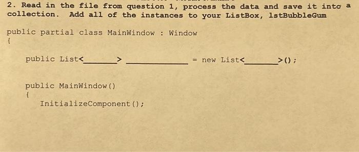 2. Read in the file from question 1, process the data and save it into a collection. Add all of the instances