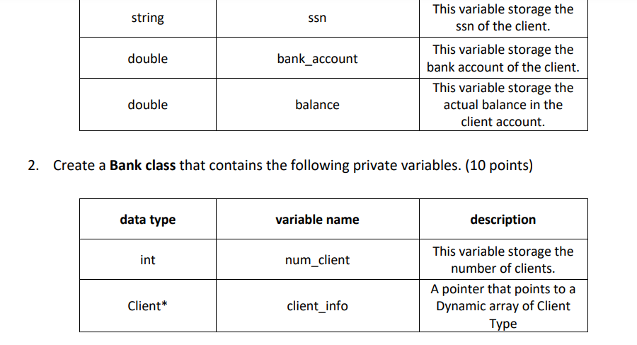 string double double data type int ssn Client* bank_account balance 2. Create a Bank class that contains the