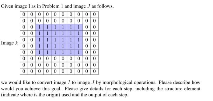 Given image I as in Problem 1 and image J as follows, 0000000000 0000000000 0011111100 0011111100 0011111100