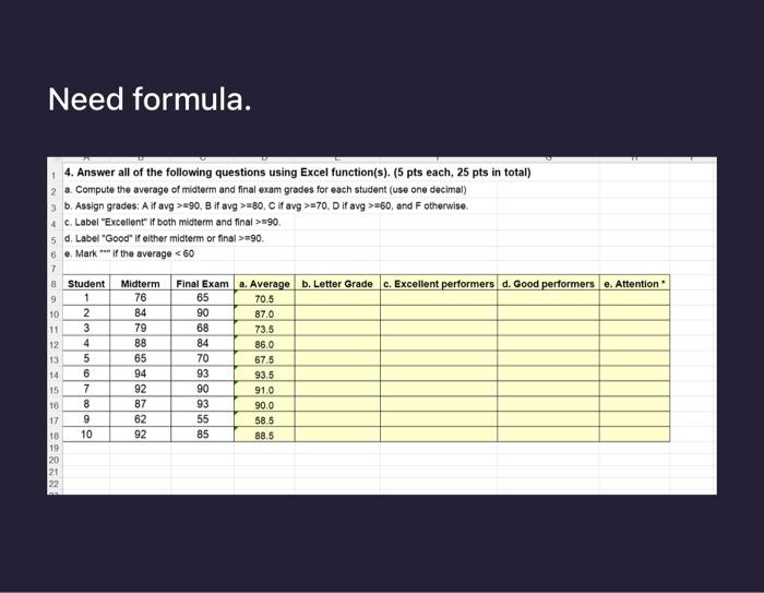 Need formula. 4. Answer all of the following questions using Excel function(s). (5 pts each, 25 pts in total)