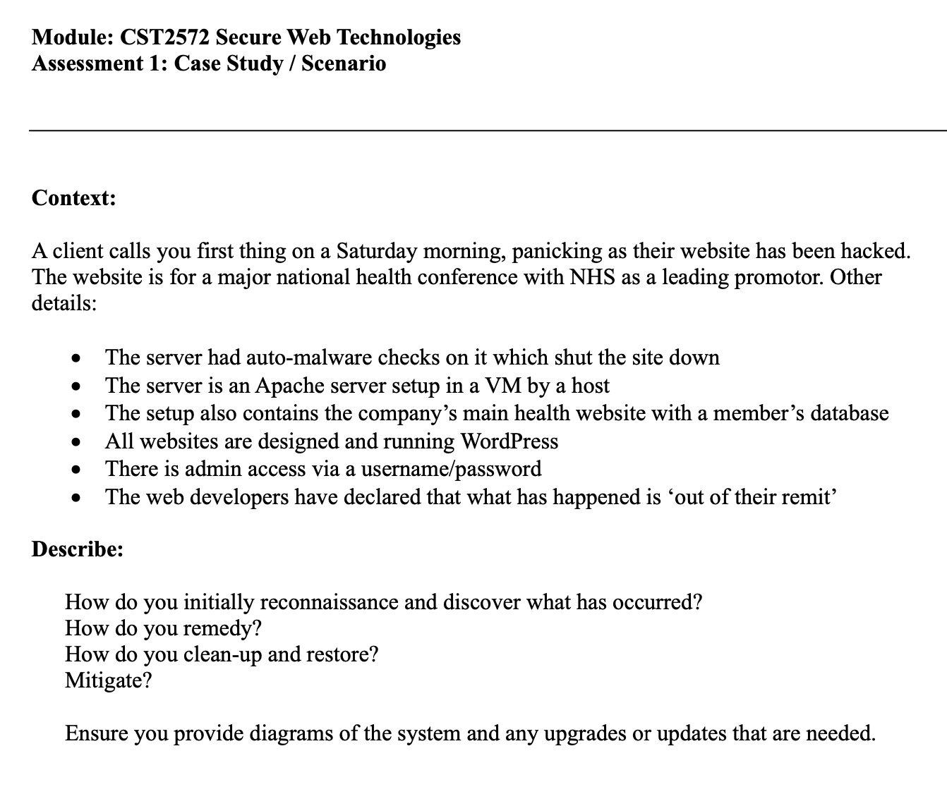 Module: CST2572 Secure Web Technologies Assessment 1: Case Study / Scenario Context: A client calls you first