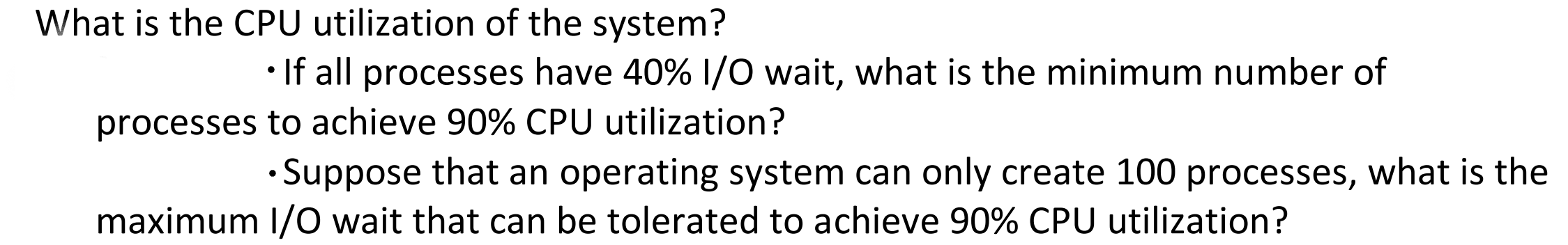 What is the CPU utilization of the system?  If all processes have 40% I/O wait, what is the minimum number of